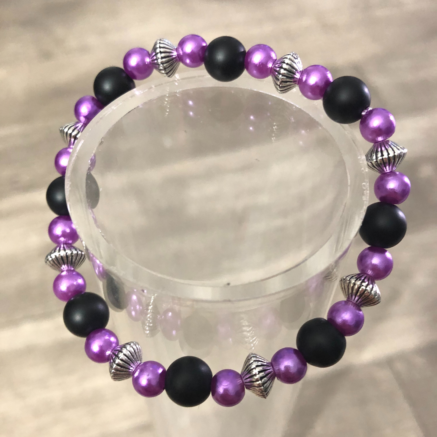 Purple Handmade Beaded Stretch Bracelet With Silver Spacers