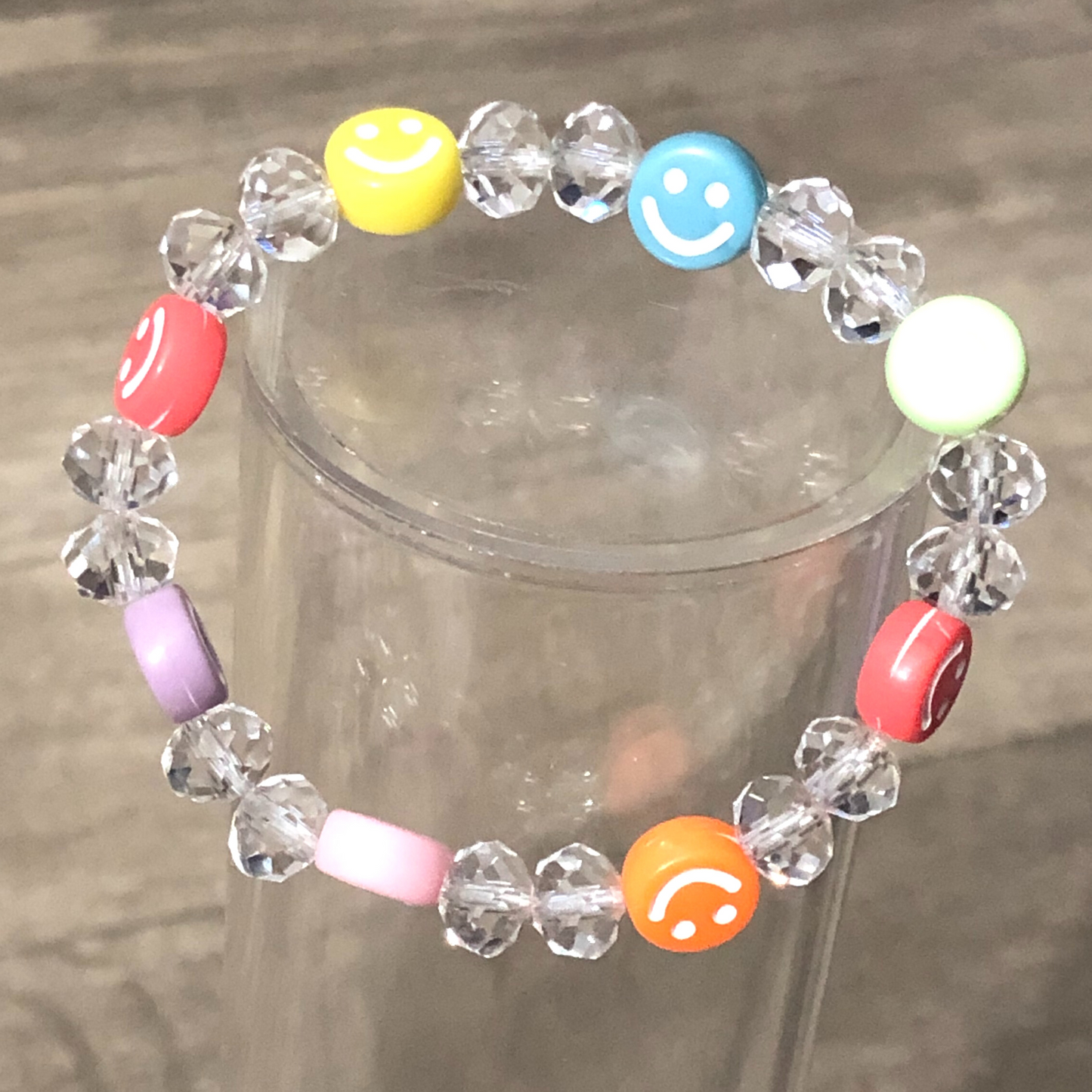 Colorful bracelet handmade with crystal beads and smiley faces