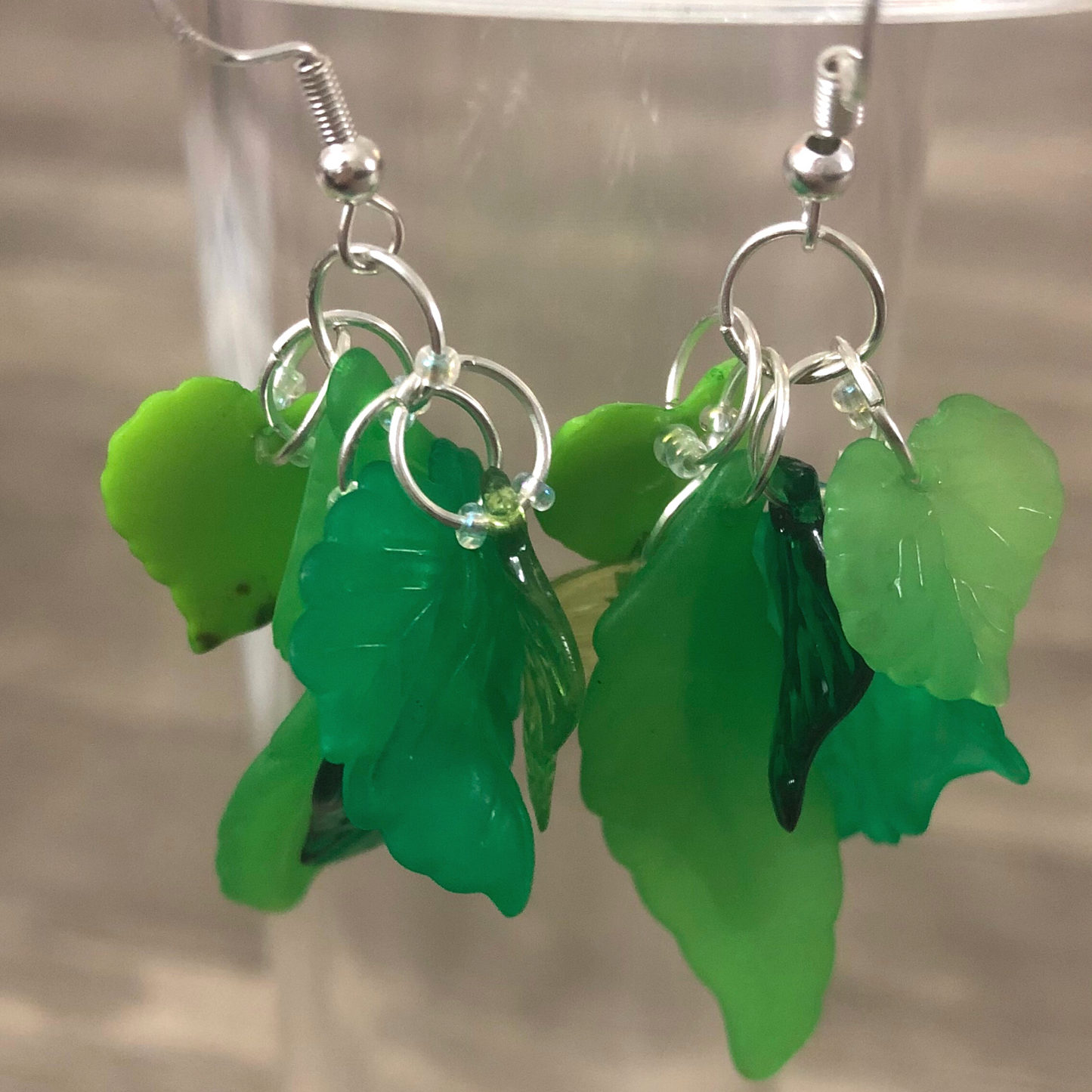 Green Leaf Handmade Dangle Earrings With Seed Beads