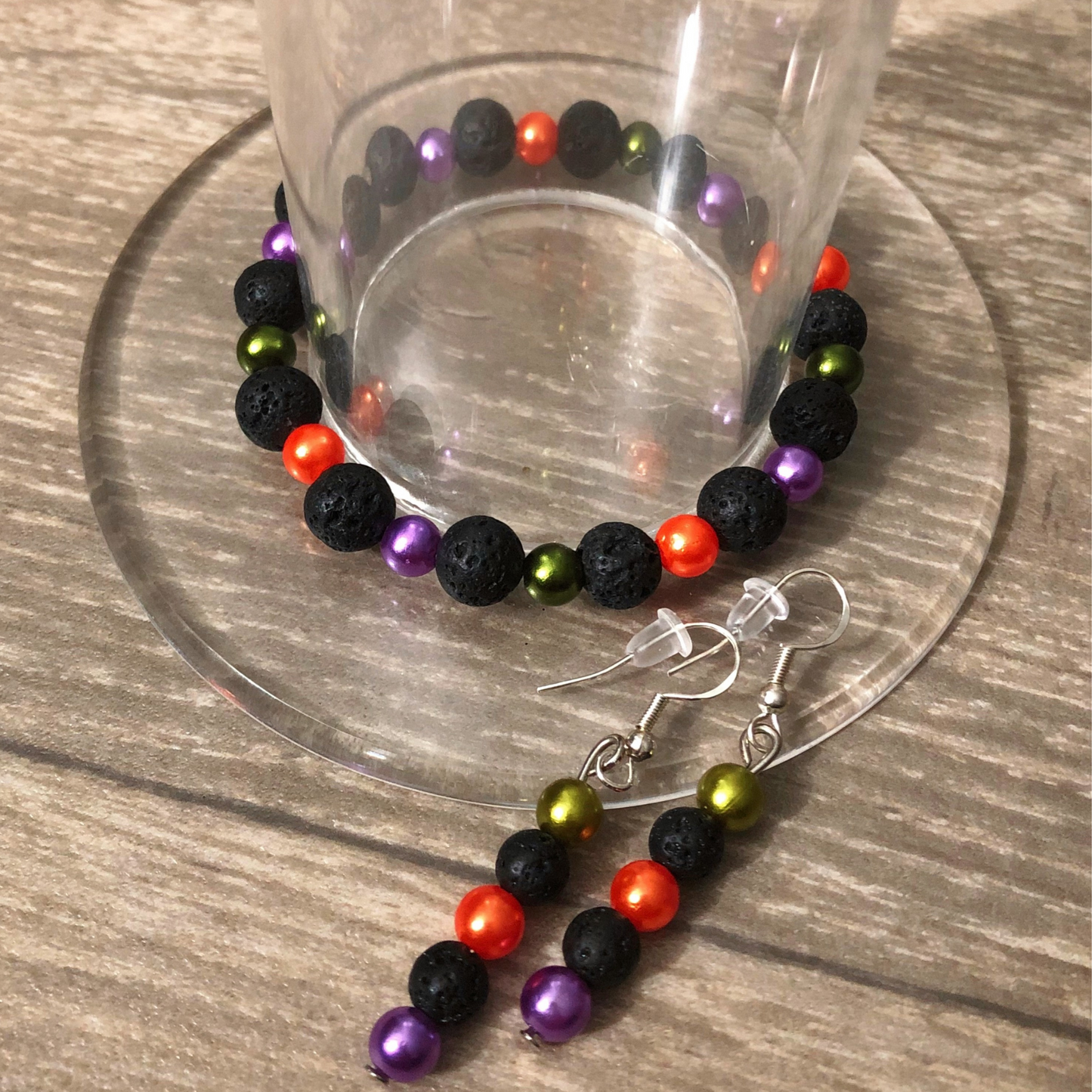 Handmade fall beaded stretch bracelet with earring set