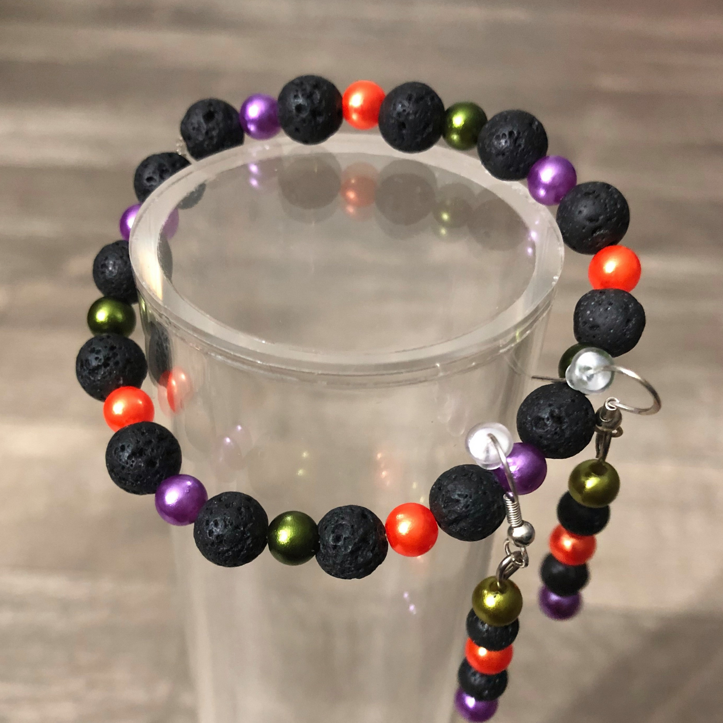 Handmade fall beaded stretch bracelet with earring set