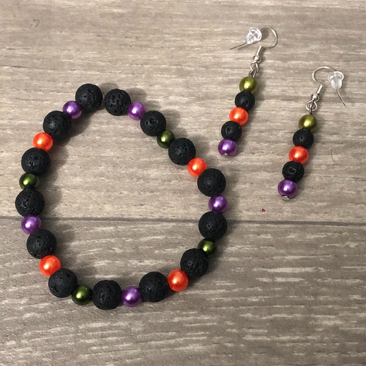 Handmade fall beaded stretch bracelet with earring set