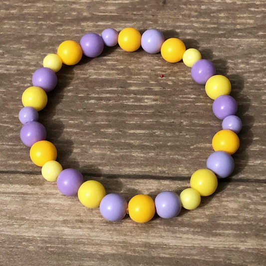 Purple and yellow beaded stretch bracelet available now