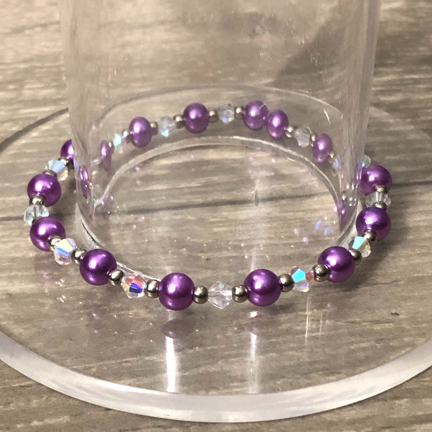 Purple handmade stretch bracelet with clear crystals