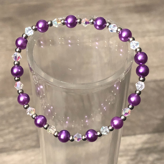 Purple handmade stretch bracelet with clear crystals