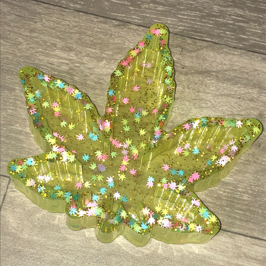 Handmade large yellow leaf ashtray with glitter available now