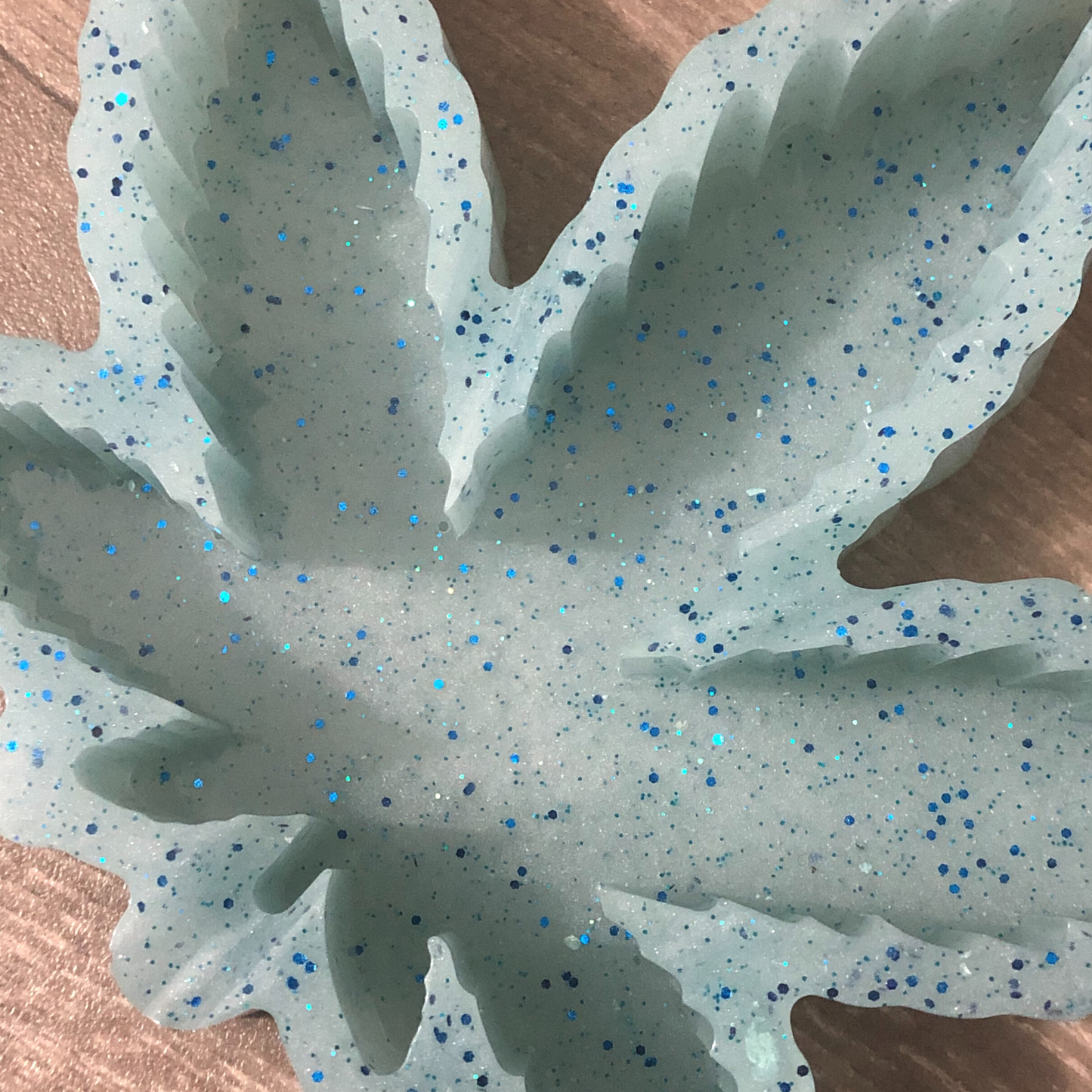 Handmade large blue leaf ashtray with blue glitter